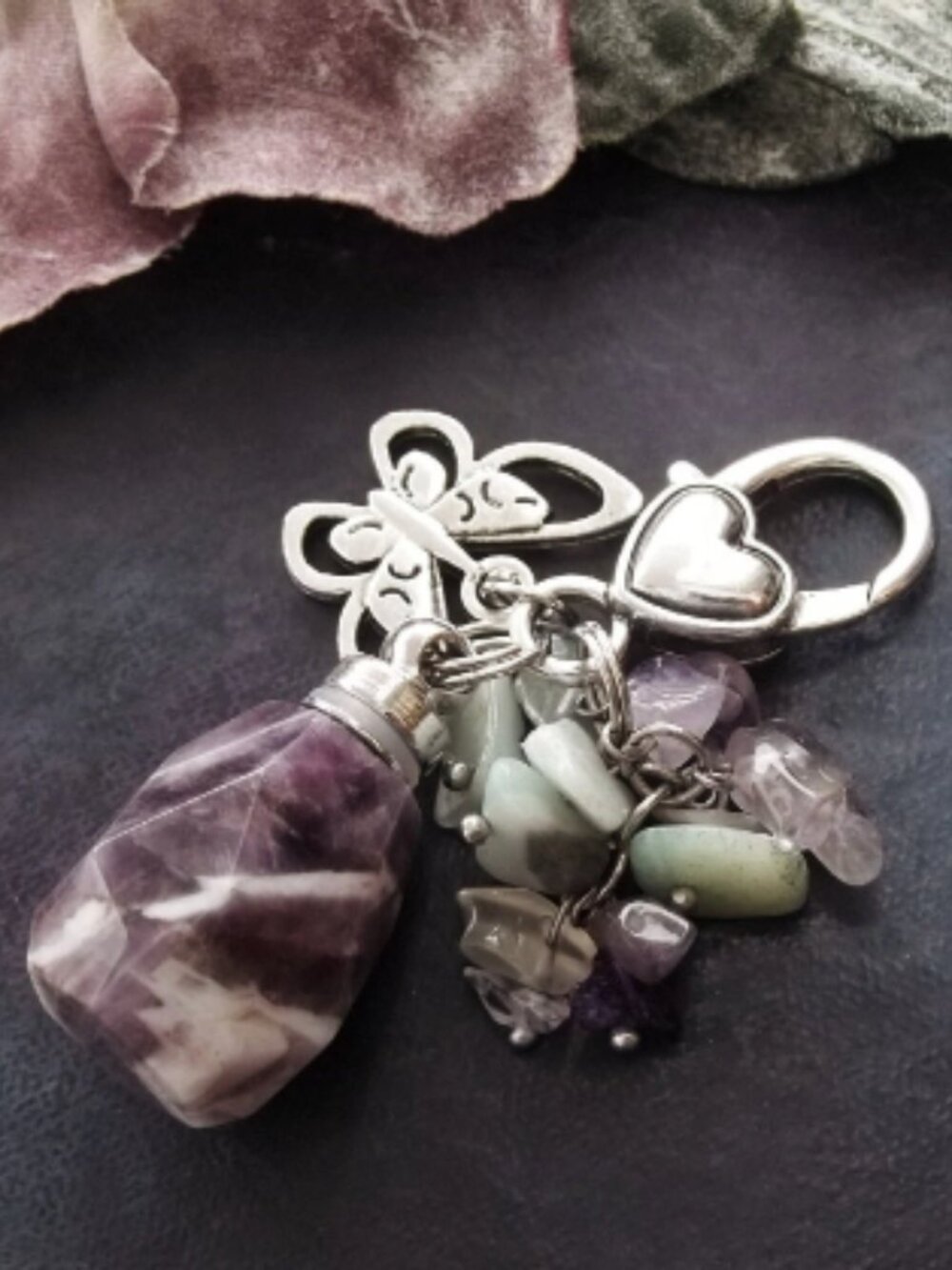 Amethyst Crystal Perfume Bottle Keychain Butterfly Charm For Bag Gift for Women